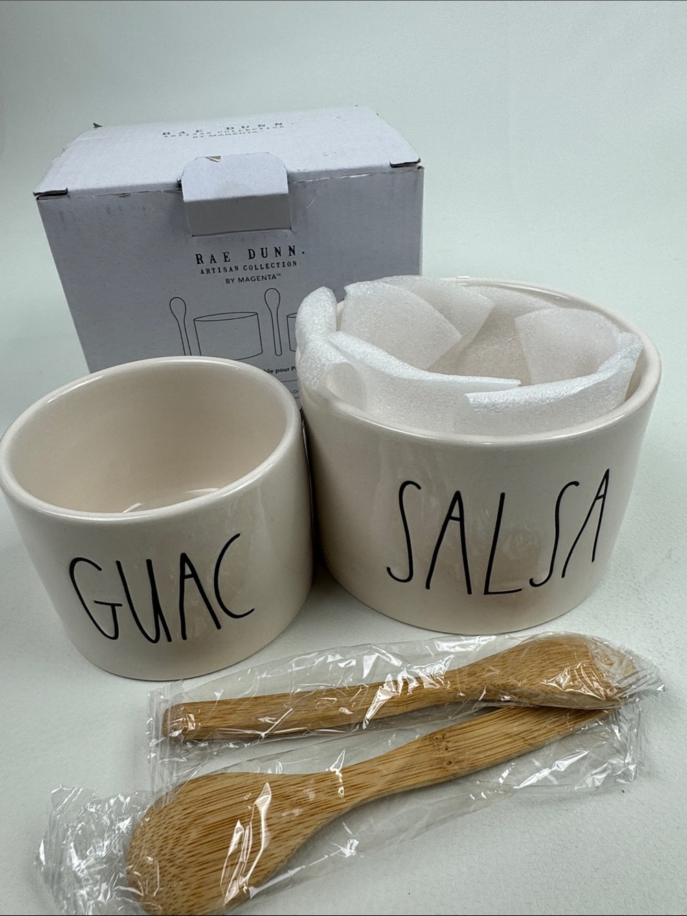 Rae Dunn White Guac & Salsa Bowl Set with spoons New in box
